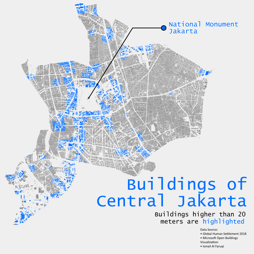Map of Central Jakarta highlighting buildings higher than 20 meters