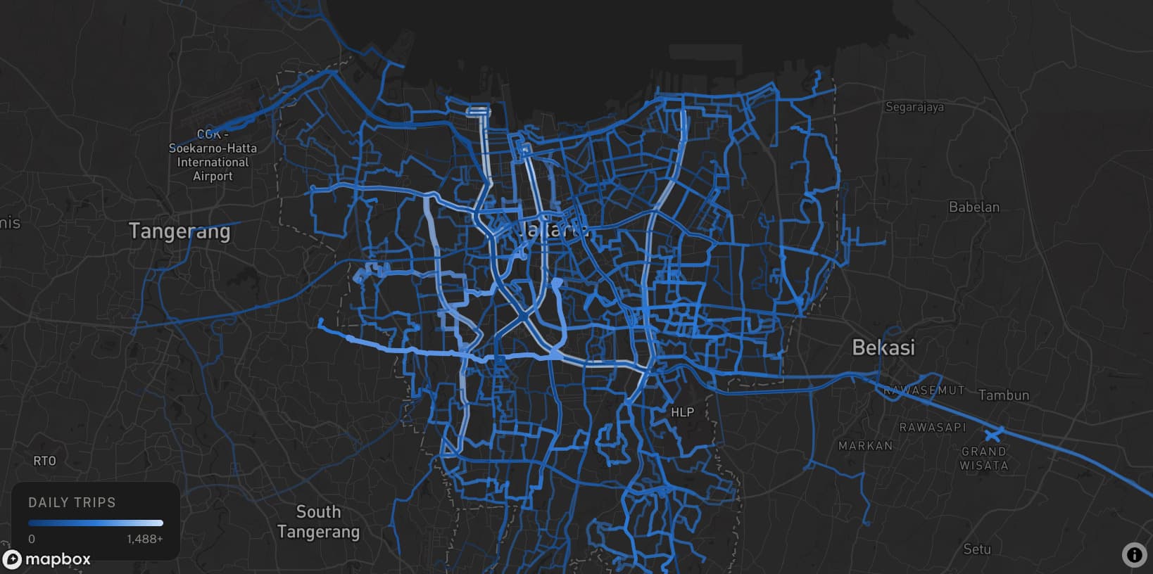 Daily transit trip density heatmap across Jakarta from Transit Pulse