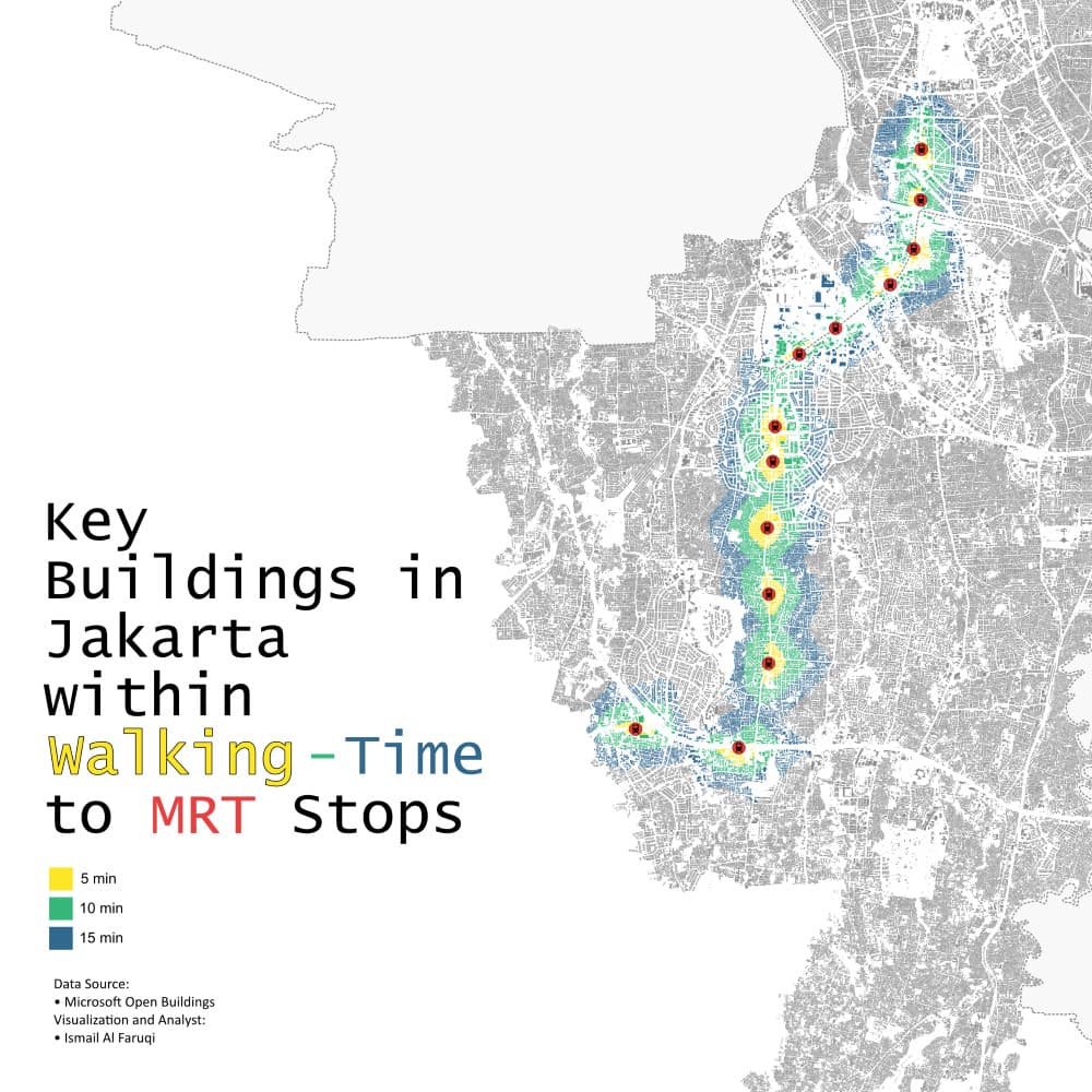 Map of key buildings in Jakarta within 5, 10, and 15 minutes walking time to MRT stops