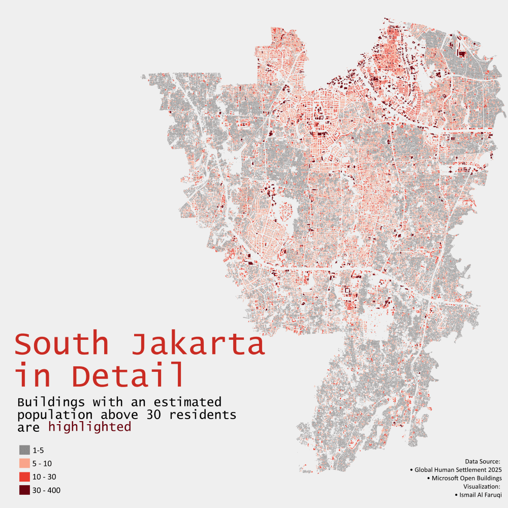 Map of South Jakarta highlighting buildings with an estimated population above 30 residents
